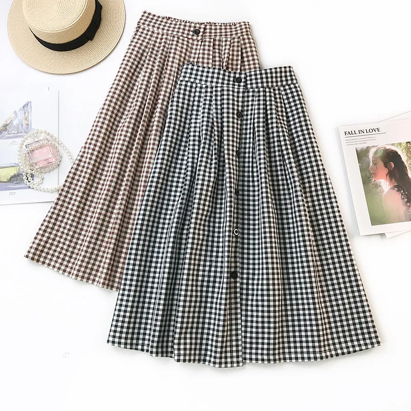 

Vintage Plaid Skirt Women Korean Japan Style Pleated Elastic High Waist Midi Tutu Skirts Spring Mori A Line Big Swing Long Saias
