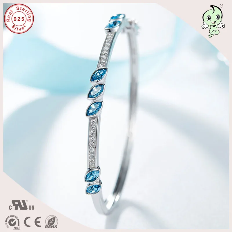 

Fashion Good Quality Noble Blue Famous Crystals Paving 925 Real Silver Bangle For Ladies
