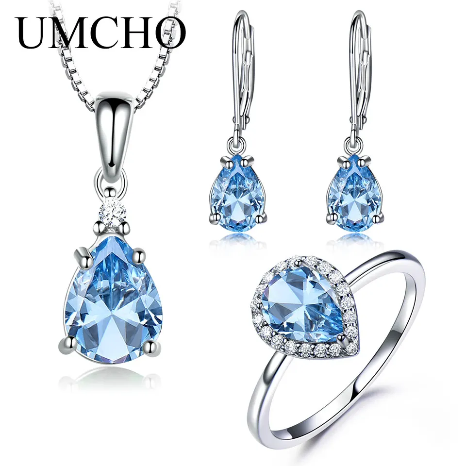 UMCHO Jewelry Set blue topaz Ring Earrings Pendant 925 Sterling Silver Ladies Jewelry Set Handmade Enamel