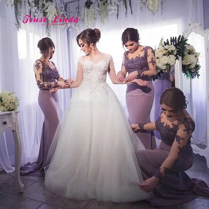 Лиловое платье подружки невесты платья с длинными рукавами длиной до пола Иллюзия шеи платье подружки невесты в стиле русалки длинное Vestido Dama De Honor