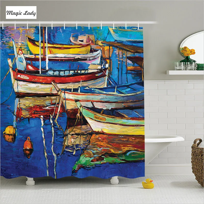 Shower Curtains Bathroom Accessories Boats Folk Painting Shore Golden
