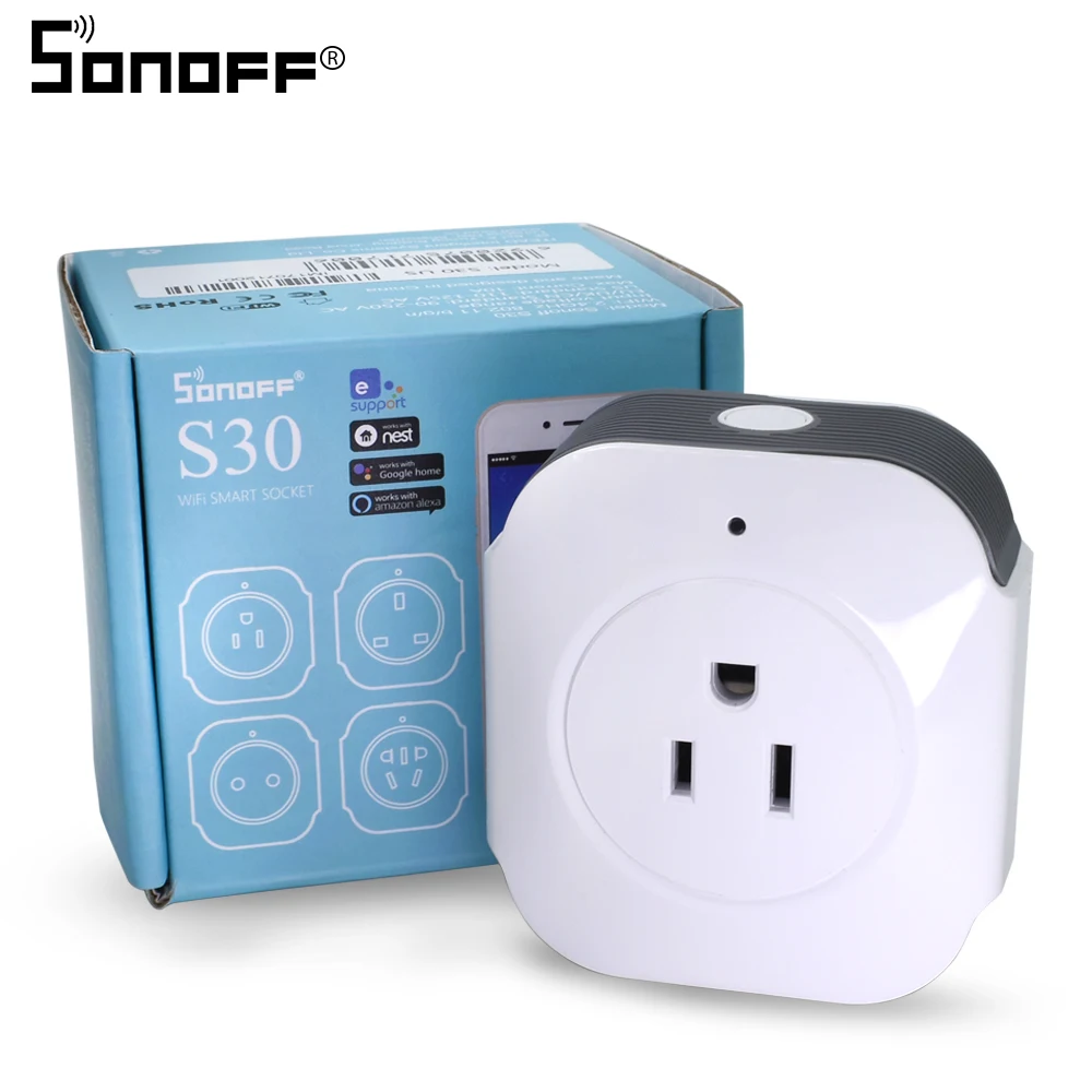 Кольцо Sonoff S30 Wi-Fi Мощность переключатель гнездо выход таймера розетки Беспроводной Управление США Plug 10A 90-250 В для умного дома