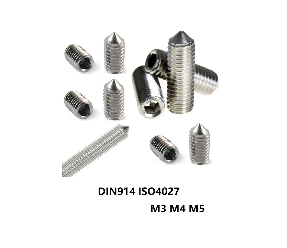 

50pcs DIN914 ISO4027 M3 M4 M5 304 Stainless SteeHexagon socket set screws with cone tip set headless machine meter screw