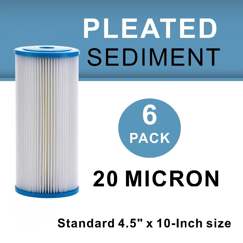 

6 PACK OF Whole House Sediment Pleated Water Filter City or Well Water, Washable 4.5" x 10", 20 Micron