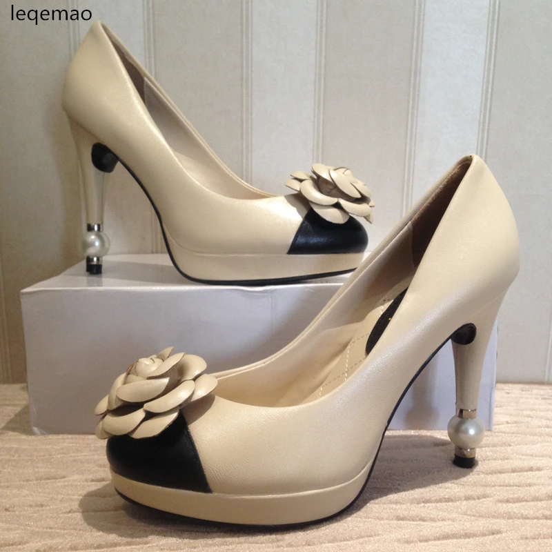 Hot Sale Women Pumps Genuine Leather High Quality Flowers Pearls Heels Beige Black Colors Office Lady Wedding Party Shoes 35-40