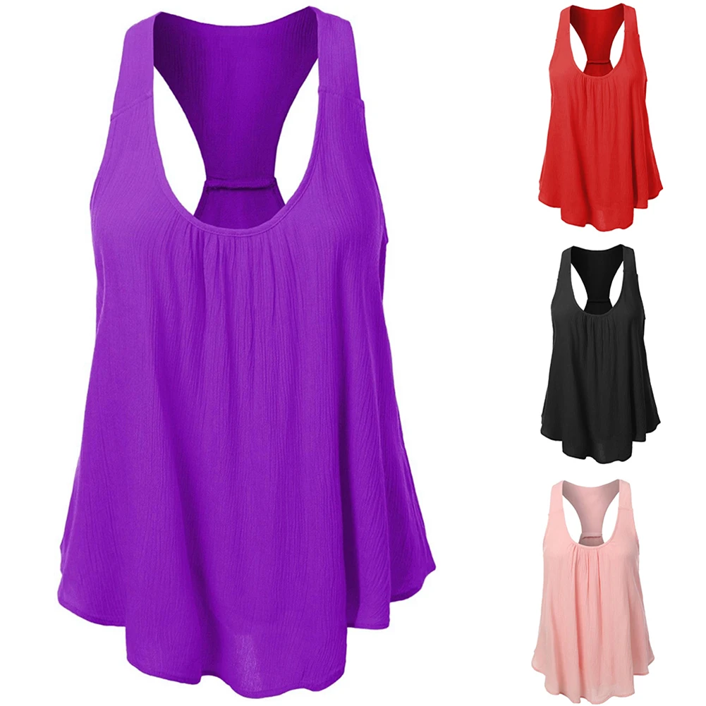 Women Sexy Solid Color Chiffon Sleeveless Back Split Summer Comfortable 