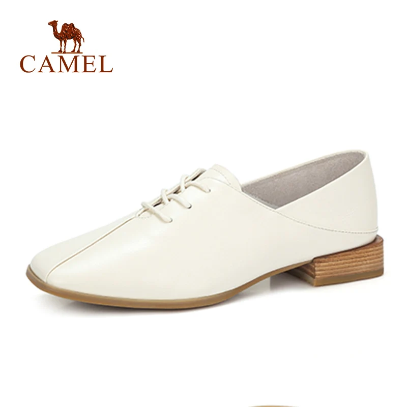 

CAMEL Spring New Women Leather Casual Low Heel Single Shoes For Ladies British Soft Pumps Women Lace Elegant Fashion Dress Shoes