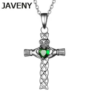 

925 Sterling Silver Jewelry Green CZ Irish Keltic Knot Claddagh Cross Wedding Bridal Pendant Necklaces for Women Birthday Gifts