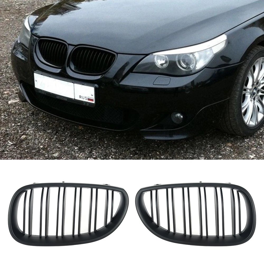 

2x ABS Front Grille Grill Matte Black Dual Slat For BMW 5-Series E60 2003-2009 Front Bumper Grille