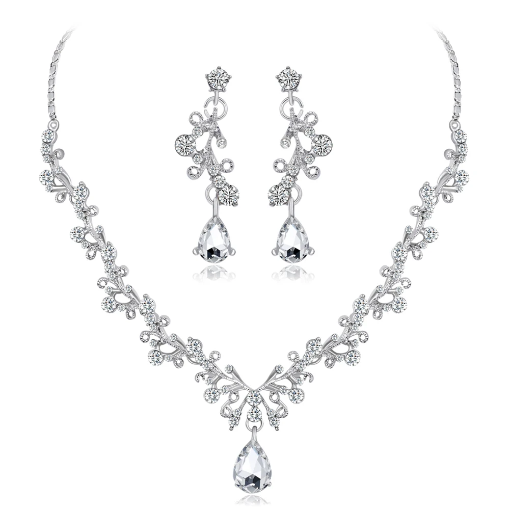 

Women Fashion Rhinestone Teardrop Pendant Necklace Dangle Earrings Jewelry Set