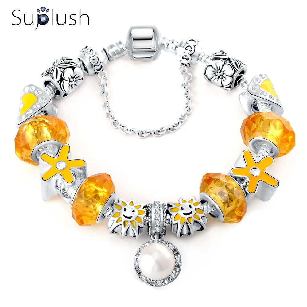Suplush новые модные желтые браслеты и с белый жемчужный шар античный серебряный