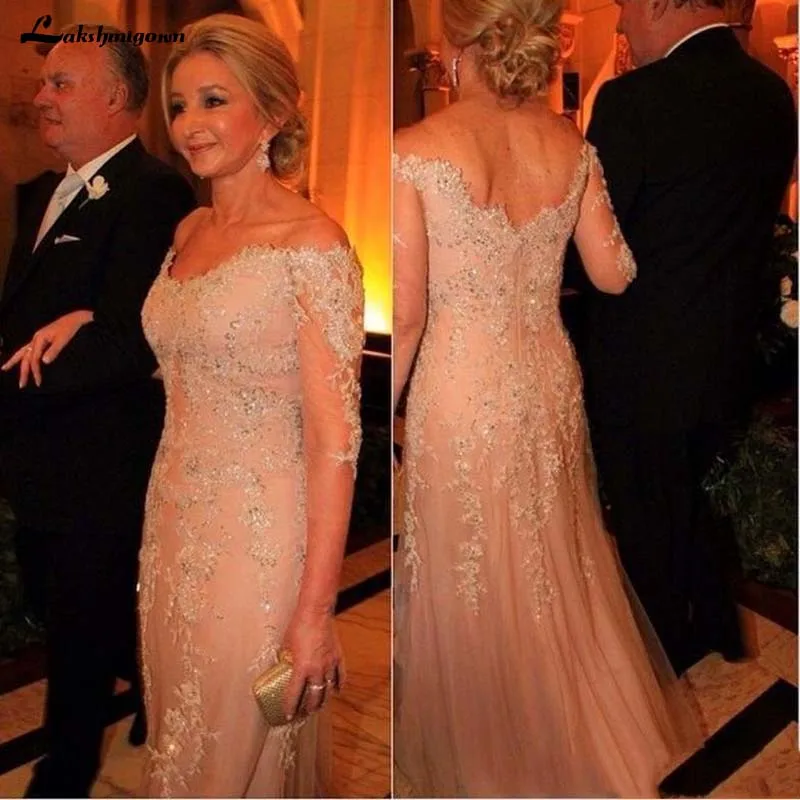 Illusion Long Sleeves Lace Mother Dresses Off Shoulder Applique Beaded Sweep Train Of The Bride Formal | Свадьбы и торжества