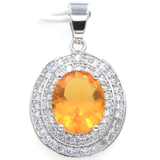 

Gorgeous Oval Golden Citrine White CZ Woman's Gift Silver Pendant 30x18mm