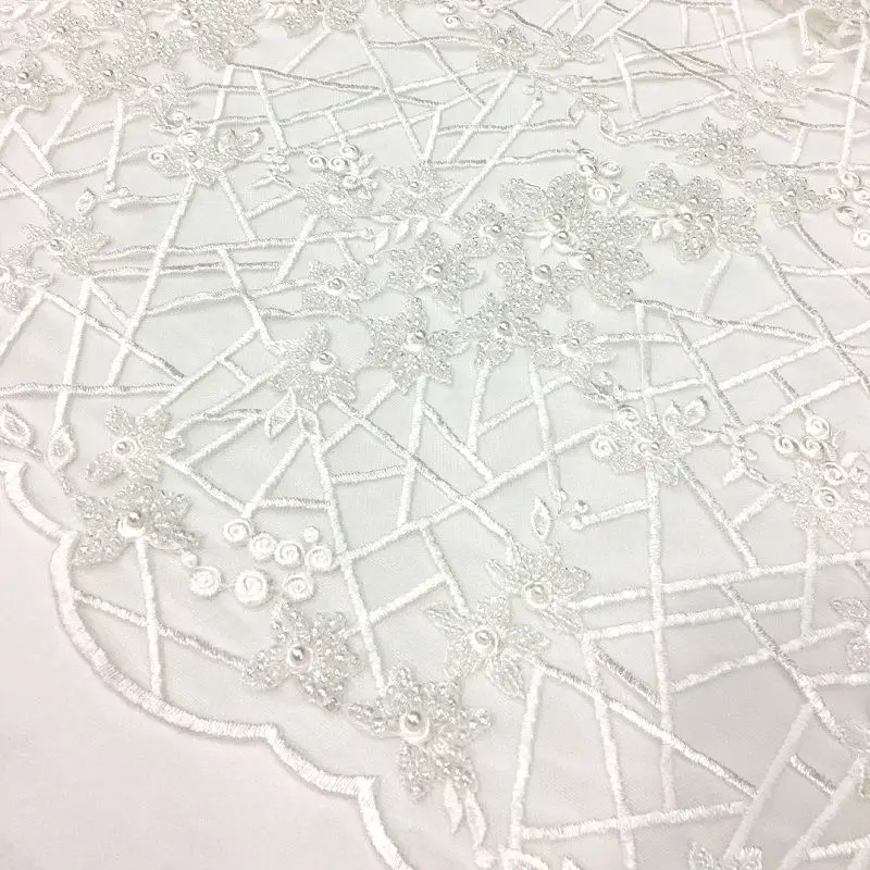 

White wedding lace embroidered with beads and pearls fabric for wedding and evening dresses, price per meter, Exclusive handmade