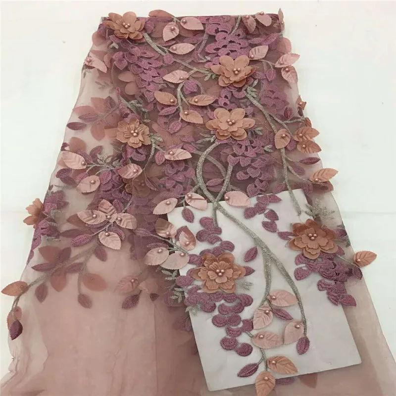 

HFX Latest Nigerian Laces Fabric Pink Beaded African French Tulle Laces Embroidered 3d Lace Fabric With Flowers X1000-4