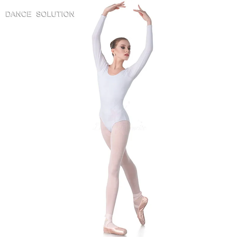 

01D0090 Adult Gymnastics Long Sleeve Leotard White Bodysuit Woman Cotton Lycra One Piece Ballet Dance Leotard Dancewear 3 Colors