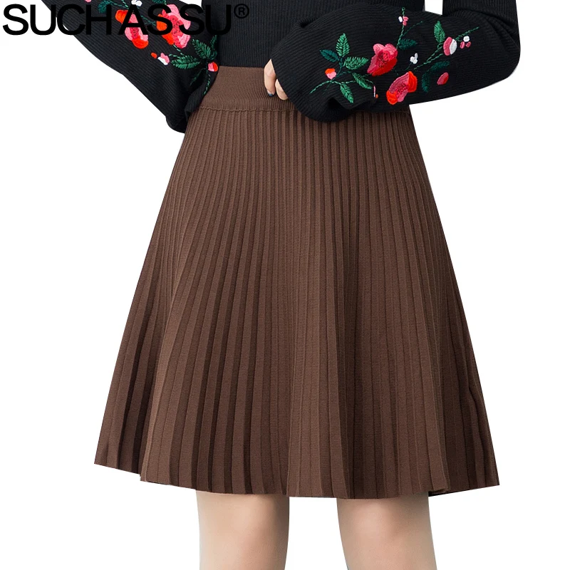 Женская трикотажная плиссированная юбка, новинка, Осень-зима, модная, черная, серая, кофейная, эластичная резинка на талии, один размер, большие юбки для женщин