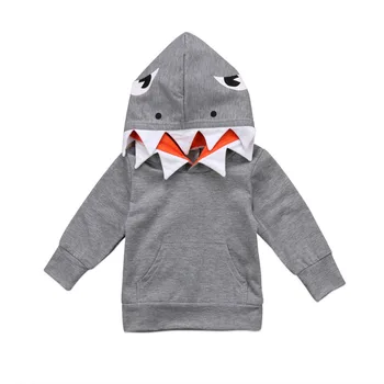 

Toddler Kids Baby Boys Hoodie Cotton Long Sleeve Hooded Pullover Shark Cartoon Grey Sweatshirt Outfit Fall Winter 1-5Y