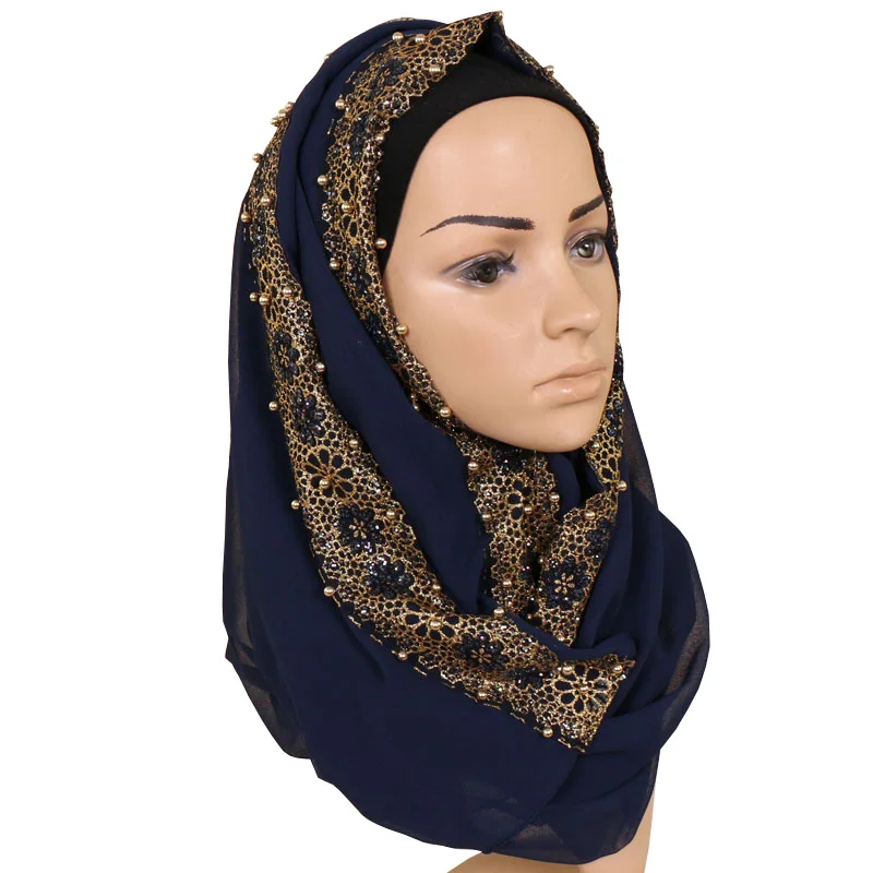 Beautiful Floral Lace Gold Pearls Side Bubble Chiffon Scarf Pashmina