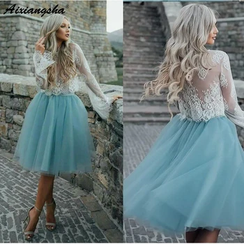 

A-Line Two Piece Bateau Short Prom Dress Graduation Party Gown Turquoise Tulle Homecoming Dresses with Lace Long Sleeves