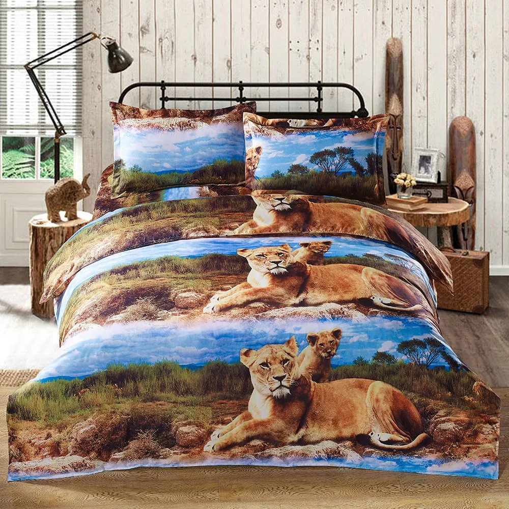 

3d Lion Pattern 4pcs bedding set of duvet/doona cover bed sheet pillow cases bed linen set 2 Pillowcases housse de couette