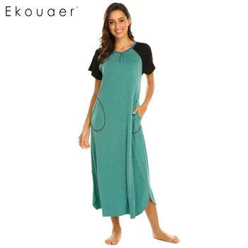 

Ekouaer Women Nightshirt Sleepwear Dress V-Neck Short Sleeve Patchwork Long Nightgown Chemise Nightdress Soft Lounge Dress