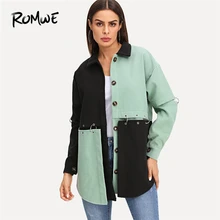 ROMWE зеленое пальто с заплатками и кольцом, с отложным воротником, Женская Повседневная Весенняя осенняя одежда с длинным рукавом, однобортная верхняя одежда