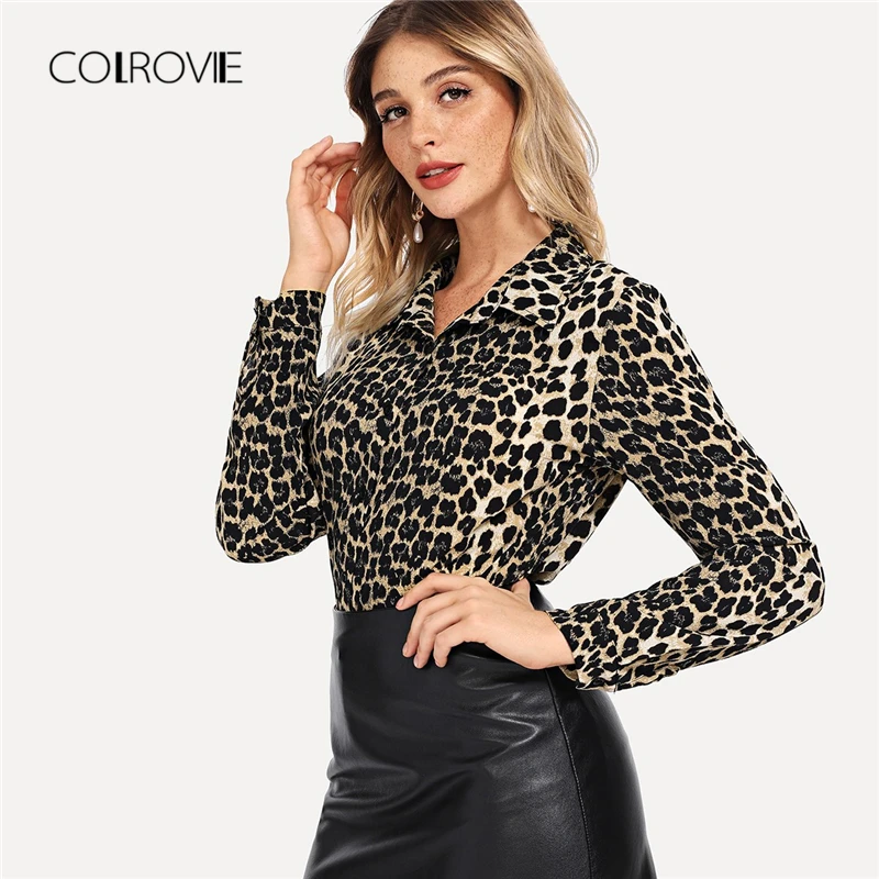 COLROVIE, леопардовая расцветка, на пуговицах, элегантная женская блузка, осенняя, с длинным рукавом, для работы, блузка, рубашка, модные сексуальные женские топы и блузки