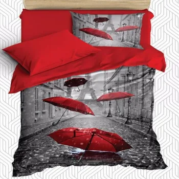 

Else 4 Piece Gray Vintage Street Red Umbrella Rain 3D Print Cotton Satin Single Duvet Cover Bedding Set Pillow Case Bed Sheet
