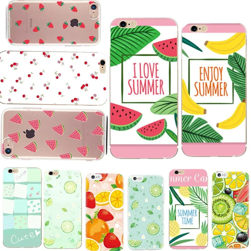 

Phone Case For iPhone X 6 6S 7 8 Plus 5 5S SE Transparent Silicone Phone Back Cover Summer Fruit Lemon Watermelon Pattern Cell