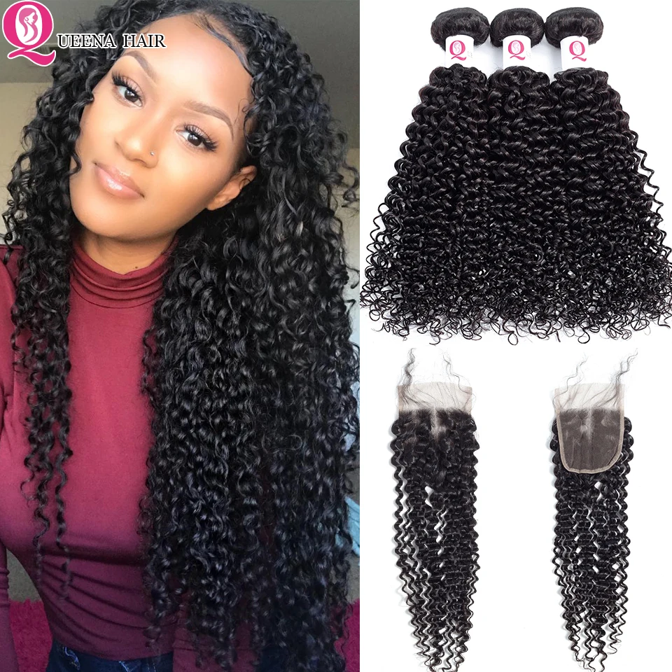 Queena Best Mongolian Kinky Curly Hair Bundles With Closure Remy