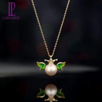 

LP Solid 18k Yellow Gold Natural Freshwater Pearl & Diamond Accent Angel Wing & Crown Pendant For Women's Pearl Jewelry