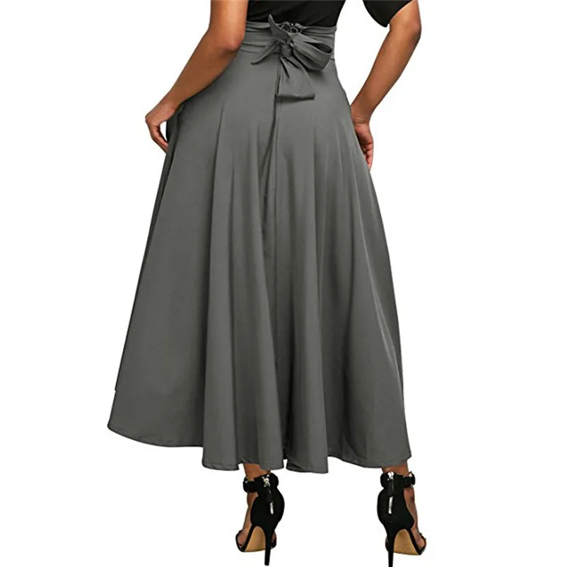 HOT sell Fashion 2018 Summer style skirts womens High Waist Pleated Long Skirt Front Slit Belted Maxi Skirt Femme Saia A16#N (5)