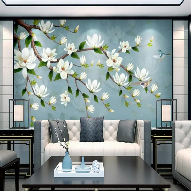 

European style vintage hand-drawn flowers and birds blossom wall decoration painting custom wallpaper fresco