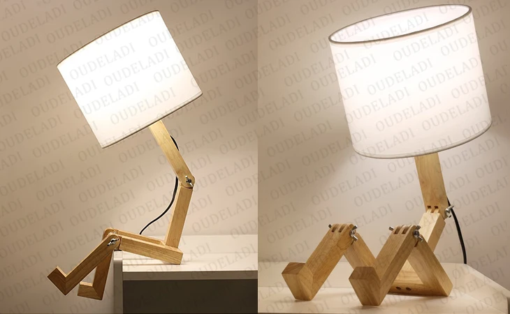 Forma do Robô Lâmpada de Mesa de Madeira Suporte da Lâmpada Candeeiro de Mesa de Madeira Sala de Estar Luz da Noite Moderno Pano Arte Estudo Interior E14 110-240 v 5 Luminárias de mesa