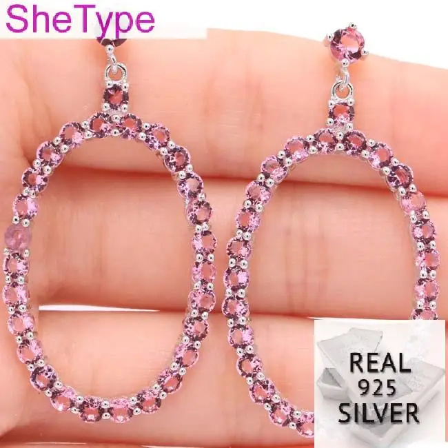 

6.01g Real 925 Solid Sterling Silver Stunning Pink Tourmaline Gift For Woman's Earrings 47x24mm