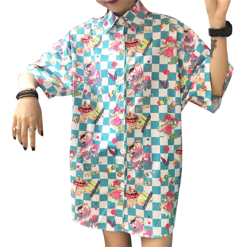 Cartoon Letter Plaid Shirt Short Sleeve Turn Down Collar Women Men Long Blouses Shirts Spring Summer Casual Loose Unisex |