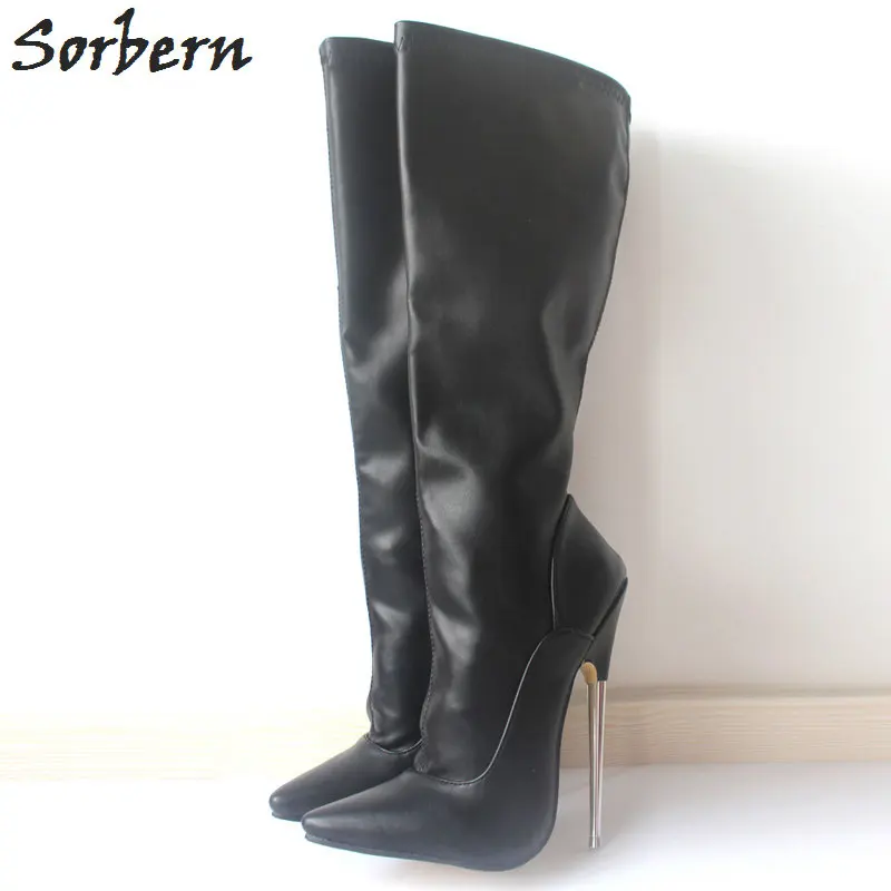 Sorbern 18CM Black Matte Women Knee Boots Metal Heels Plus Size Pointed Toe Custom Color Cosplay Long Boots Sorbern 18CM Black Matte Women Knee Boots Metal Heels Plus Size Pointed Toe Custom Color Cosplay Long Boots