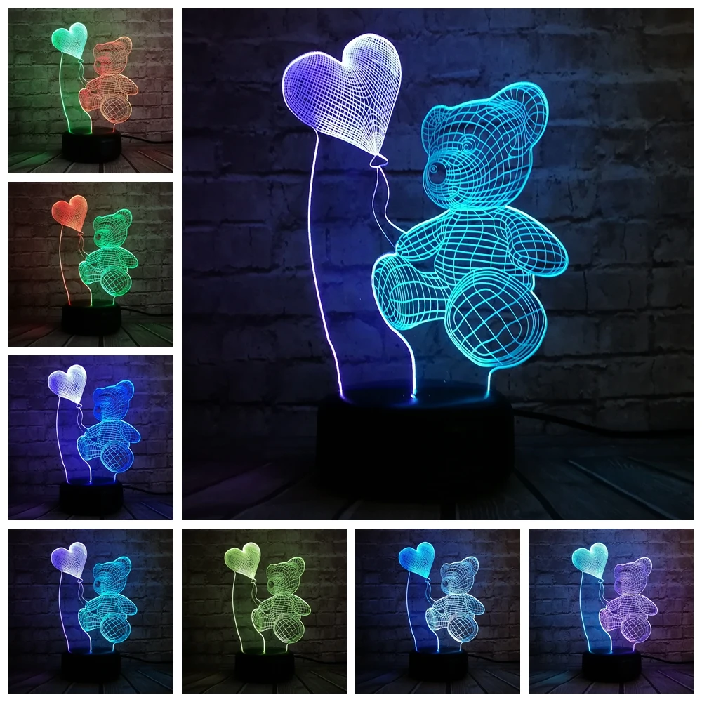 Детская Ночная 3D лампа светодиодное освещение Датчик изменения цвета LED Мишка
