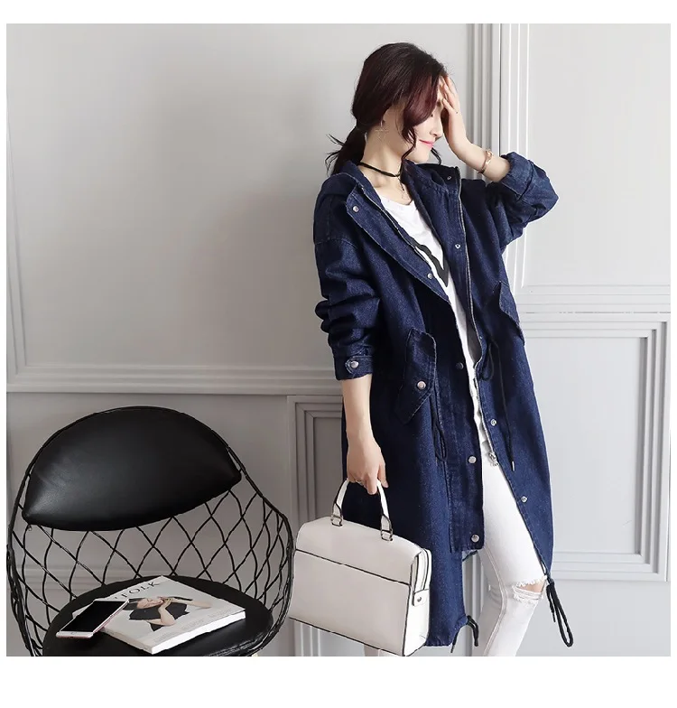 Spring Autumn Women Hooded Denim Trench New Korean Buttons and zippers Casual Loose Coat Female Long Denim Coat Is112