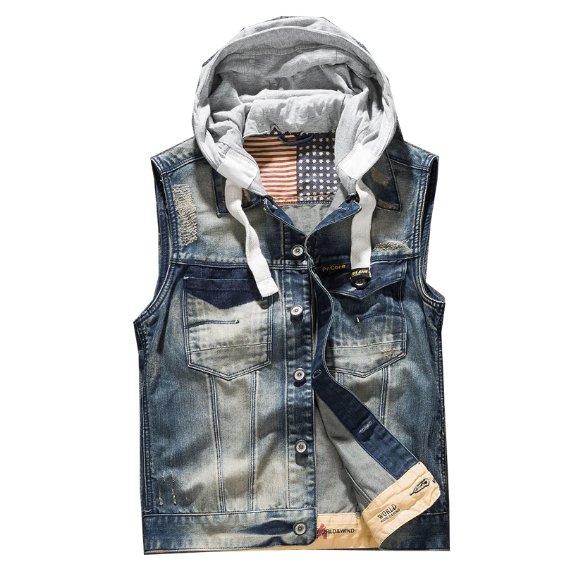 

Men' Hooded Denim Vest Male Plus Size Casual Jeans Vest 2018 New High Quality Retro Sleeveless Denim Jacke