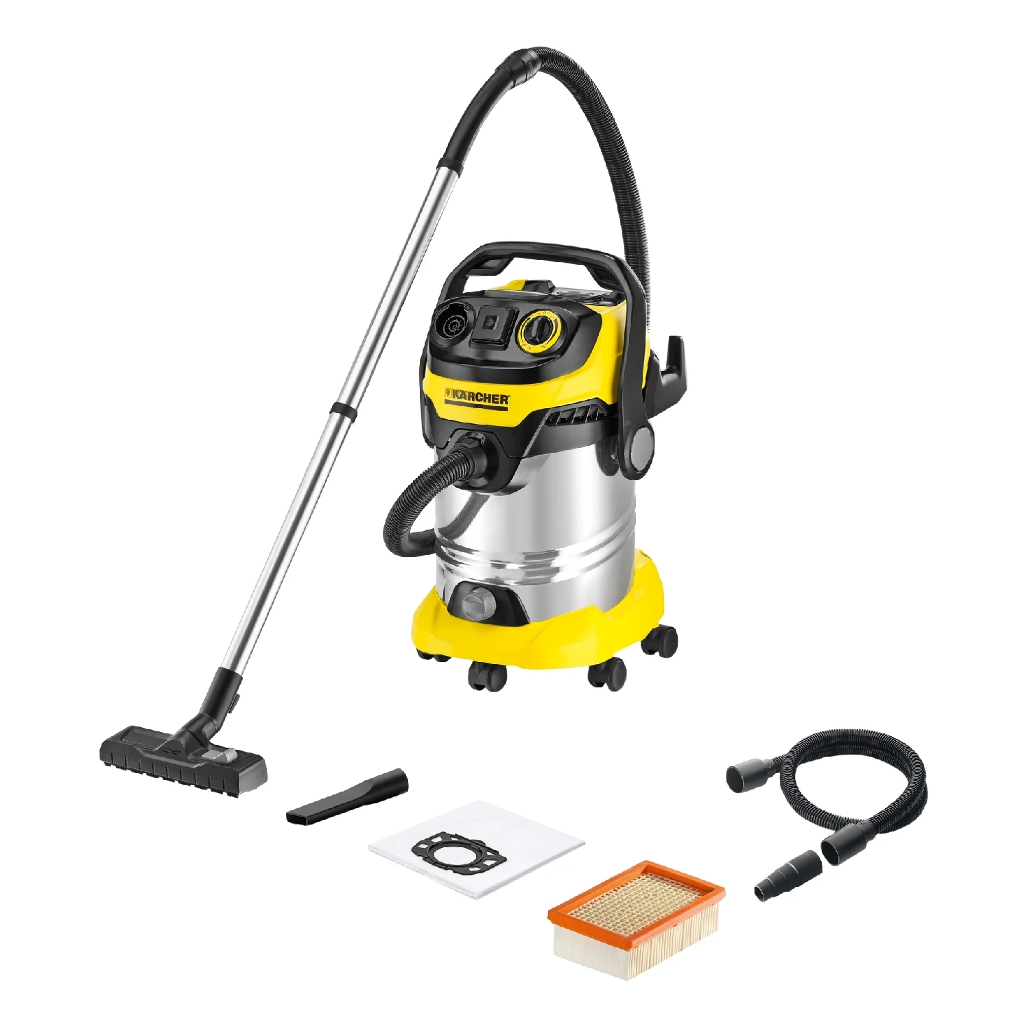 Пылесос для сухой и влажной уборки KARCHER WD 6 P Premium (Мощность 1300 Вт, укладка кабеля в корпус, ударопрочный корпус, встроенная розетка для подключения инструмента для автоматического включения пылесоса)