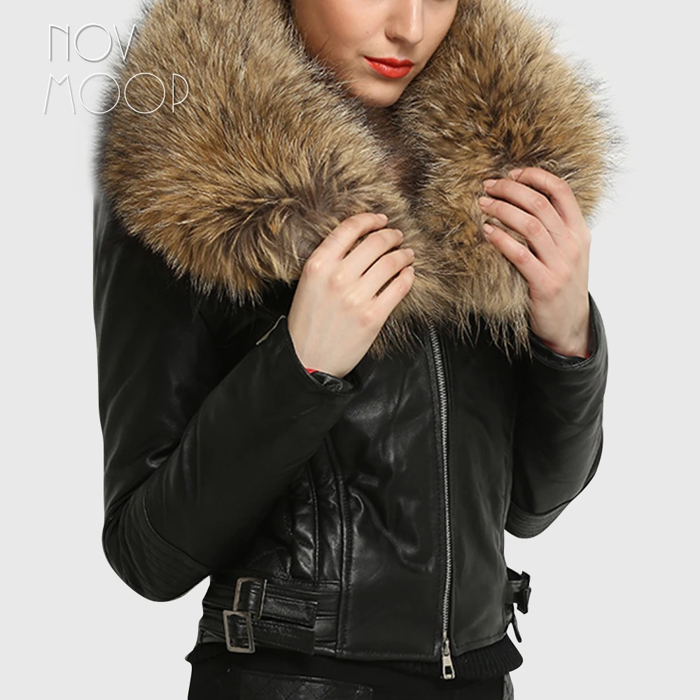 

Winter women black yellow red genuine leather lambskin parka coat jacket real raccoon fur collar casaco feminino ropa LT2544
