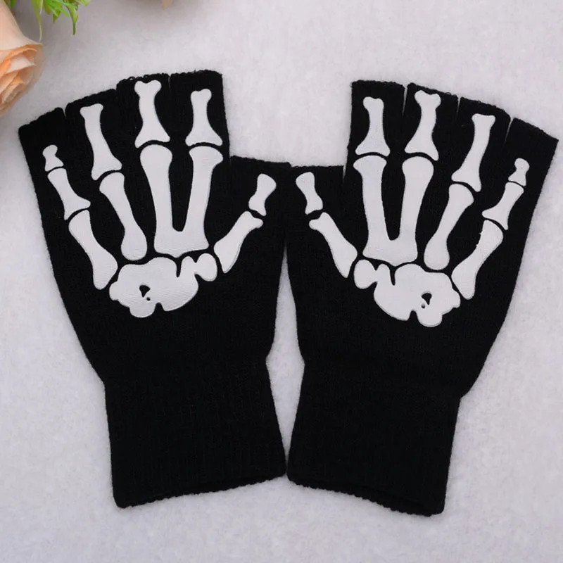 Black punk Halloween skeleton sweater Fingerless short gloves