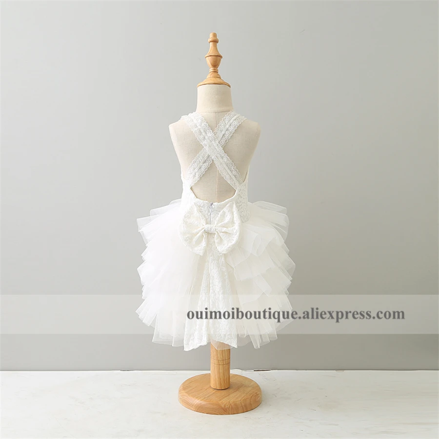 

Retail 1-6T Lace Bow Girls Slip Wedding Dress Puffy Princess Tulle Cakedress Open Back Dancing Clothes Free Shipping