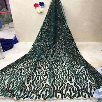 

HFX 5 Yards Latest Nigerian Laces Green/Gold Embroidered French Tulle Net Lace African Lace Wedding Fabric For Women X1054-3
