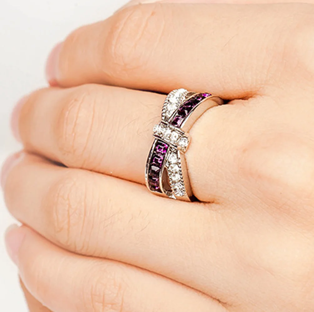 

New cross finger ring for lady paved cz zircon luxury hot Princess women Wedding Engagement Ring purple pink color jewelry