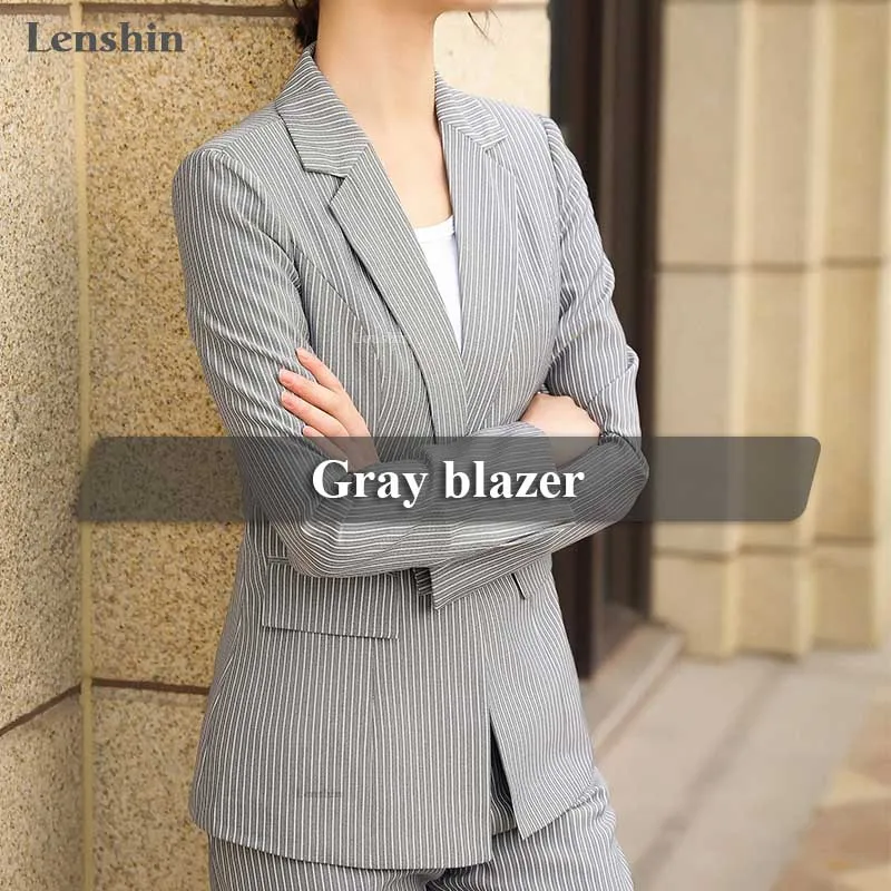 Lenshin, мягкая и удобная Высококачественная куртка в полоску с карманом, офисный стиль, повседневный стиль, блейзер, женская одежда, пальто на одной пуговице - Цвет: Серый