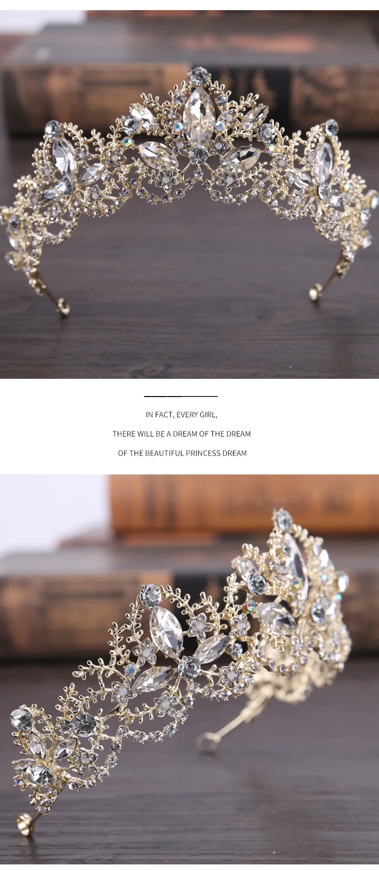 Royal Wedding Crown Crystal Tiara for Women Bridal Headpiece Pageant Hair Jewelry,  Gold+Clear (4)