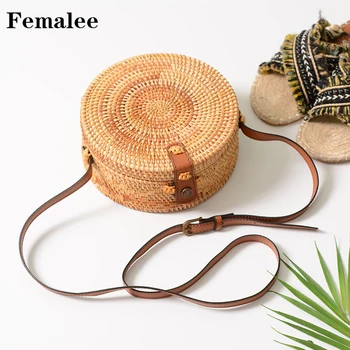 

FEMALEE Straw Bags Round Rattan Bag Bali Beach bag Women Bohemian Round Handbag Summer 2018 Handmade Crossbody leather Shoulder
